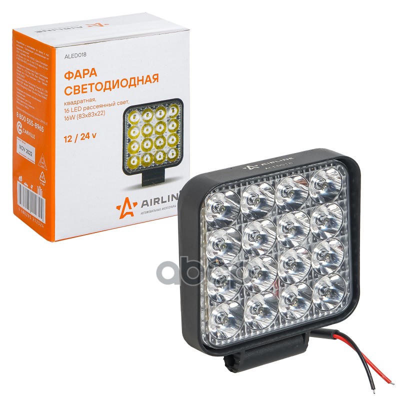 Фара светодиодная квадратная  16LED направленный свет  16Вт  83х83х22мм  12/24В PLUS (ALED018) AIRLINE арт. aled018