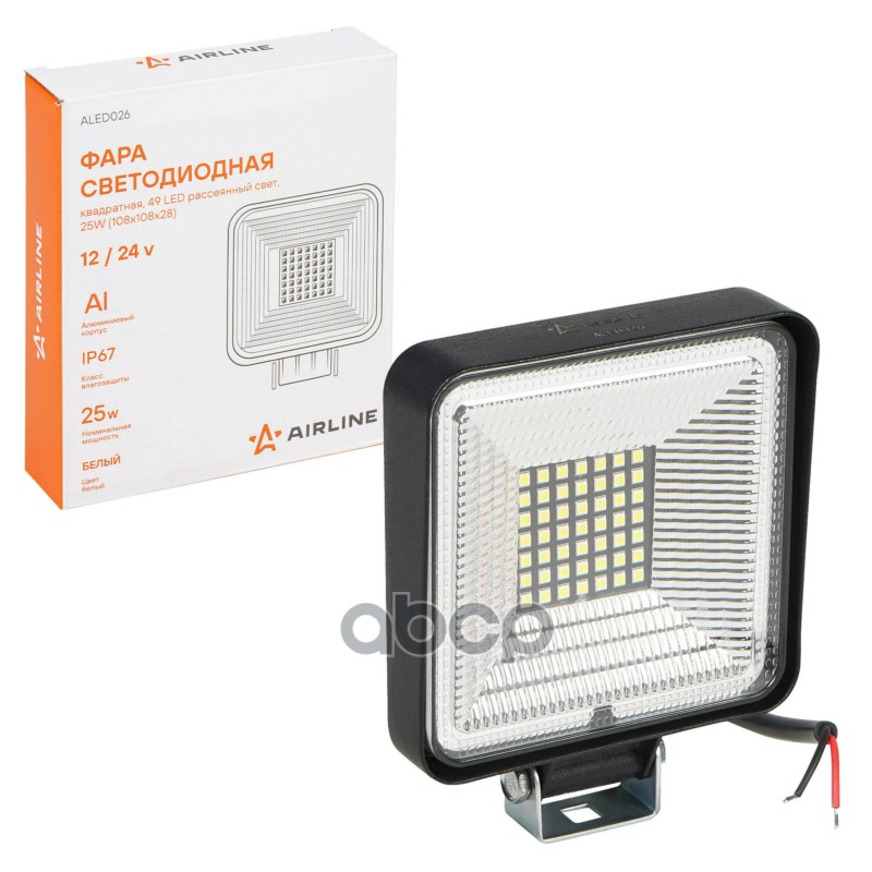 Фара светодиодная квадратная 49LED, рассеянный свет, 25Вт, 108х108х28мм, 12/24В (ALED026) AIRLINE арт. ALED026