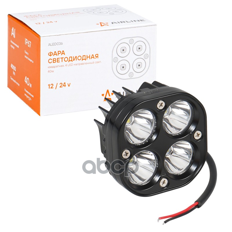 Фара светодиодная квадратная, 4 LED направленный свет, 40W (78х78х50) 12/24V (ALED036) AIRLINE арт. ALED036