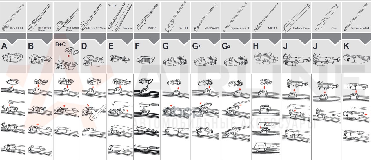 Щетка стеклоочистителя бескаркасная PRO 430мм (17) 10 адаптеров AIRLINE арт. AWBBK430