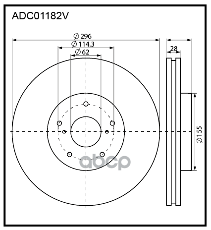 Диск тормозной вентилируемый передний  Toyota Camry (V4  V5) 06->  RAV4 III  IV / Lexus ES (V4  V6) ALLIED NIPPON арт. adc01182v