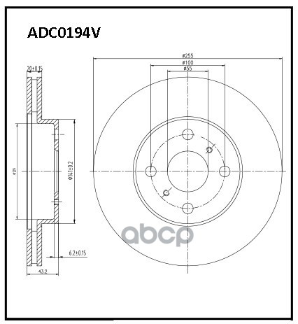 Диск тормозной передний вентилируемый TOYOTA ALLIED NIPPON арт. adc0194v