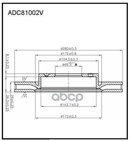 Диск тормозной передний вентилируемый  HYUNDAI i30 (08-) KIA Ceed (08-) (R15) ALLIED NIPPON арт. adc81002v