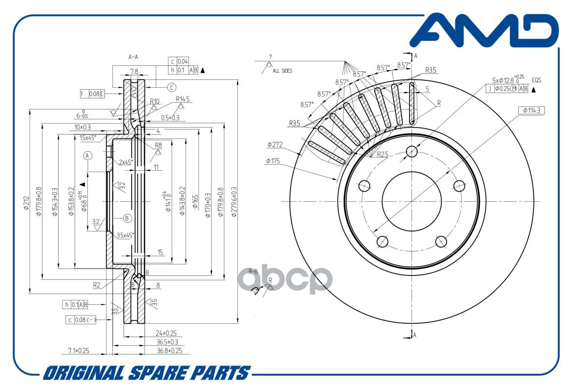 Диск тормозной передний NISSAN Juke 10-> /Vent.D=280mm AMD AMD.BD324 AMD арт. AMD.BD324