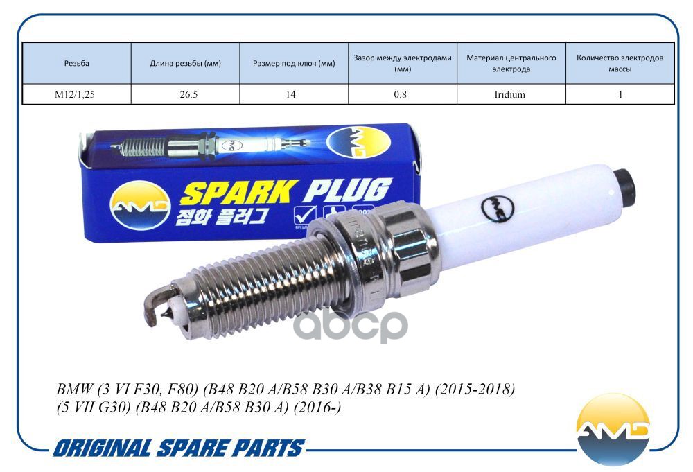 Свеча зажигания (Iridium) BMW 3 VI F30, F80, B48 B20 A/B58 B30 A/B38 B15 A, 2015-2018, 5 VII G30, B48 B20 A/B58 B30 A, 2016-,...