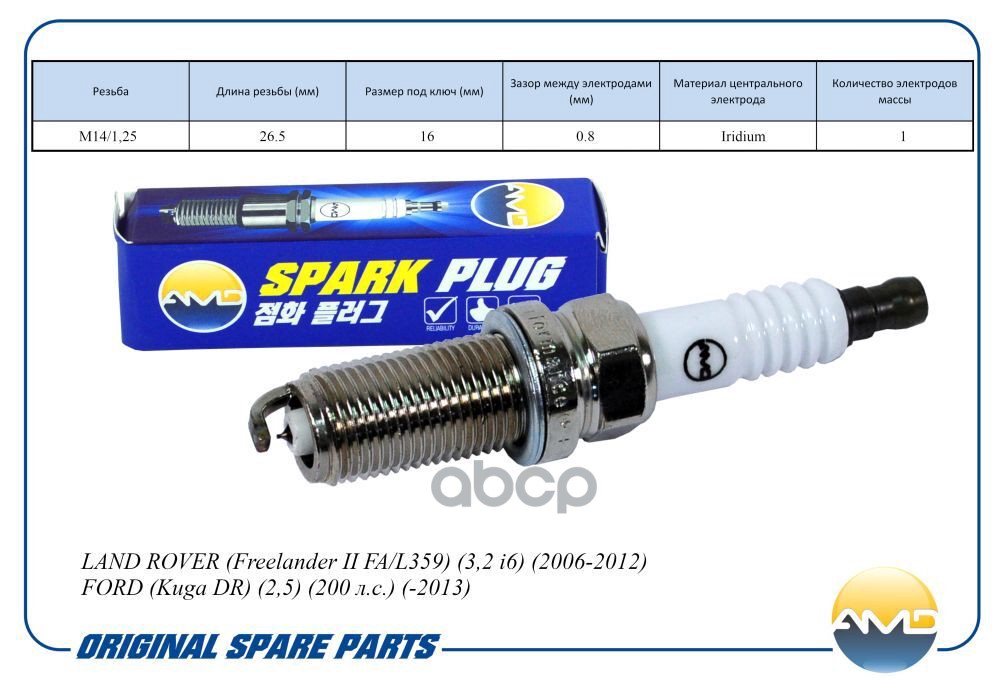 Свеча зажигания (Iridium) LAND ROVER Freelander II FA/L359, 3,2 i6, 2006-2012, FORD Kuga DR, 2,5, 200 л.с., -2013 AMDPL162 AM...