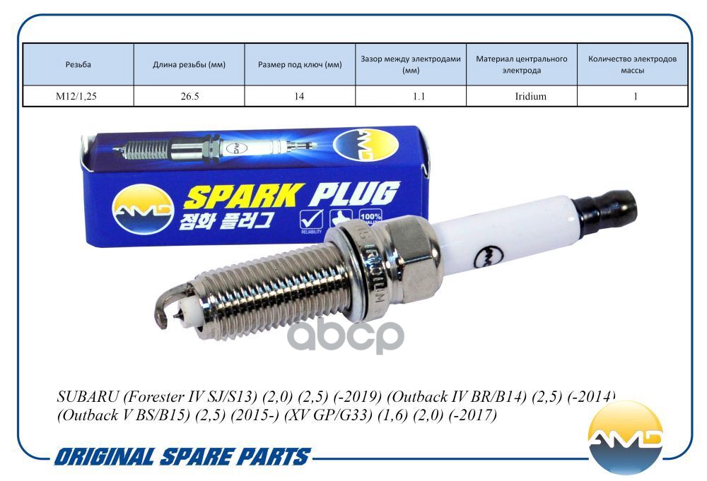 Свеча зажигания (Iridium) SUBARU Forester IV SJ/S13, 2,0, 2,5, -2019, Outback IV BR/B14, 2,5, -2014, Outback V BS/B15, 2,5, 2...