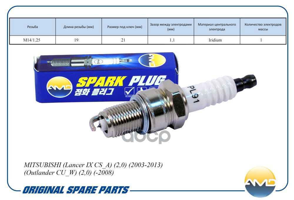 Свеча зажигания (Iridium) MITSUBISHI Lancer IX CS_A, 2,0, 2003-2013, Outlander CU_W, 2,0, -2008 AMDPL91 AMD арт. AMDPL91
