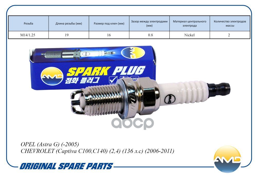 Свеча зажигания (Nickel) OPEL Astra G, -2005, CHEVROLET Captiva C100,C140, 2,4, 136 л.с, 2006-2011 AMDPL92 AMD арт. AMDPL92