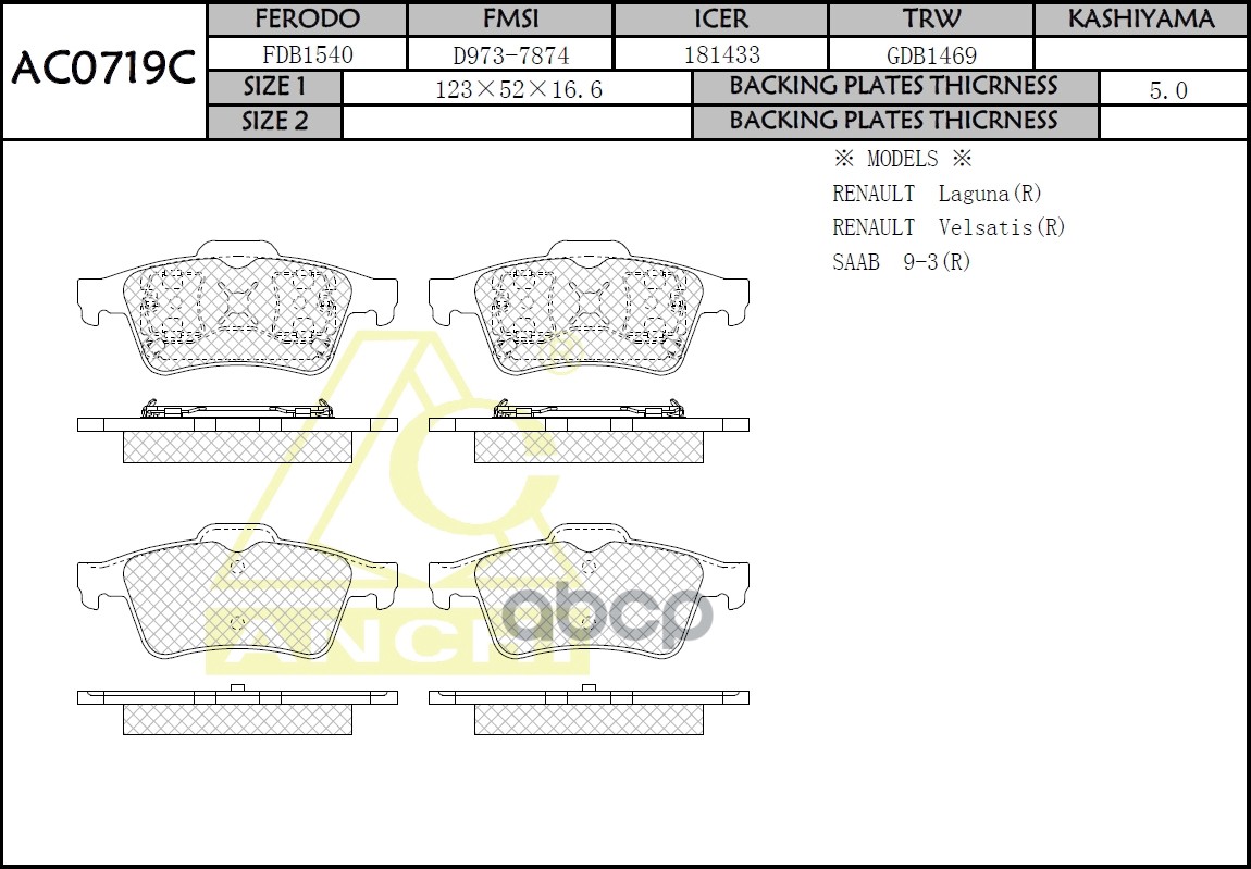 Тормозные Колодки Nissan Primera, Renault Laguna, Megane Задн. ANCHI арт. AC0719C