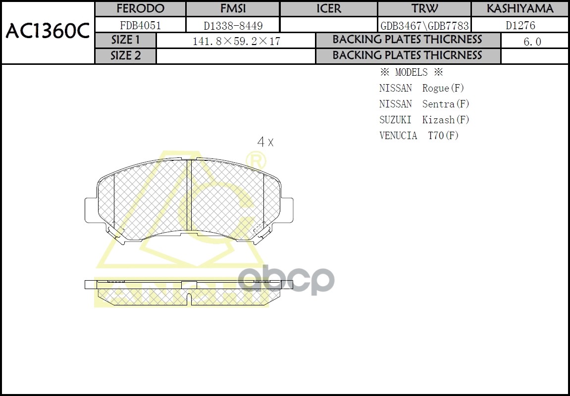 Тормозные Колодки Nissan X-Trail T31, Qashqai 07-, Maxima A36 Перед. ANCHI арт. AC1360C