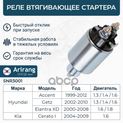Реле втягивающее стартера Hyundai (Getz, Accent, Elantra/Lantra, Santa Fe, Tucson, Sonata EF)) Arirang арт. SNR3001