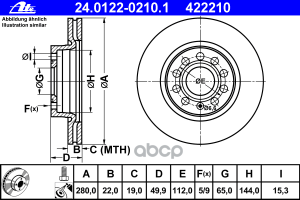 Диск Тормозной Передний Vag+Skoda All 03-> /Vent D=280Mm Ate 24.0122-0210.1 Ate арт. 24.0122-0210.1