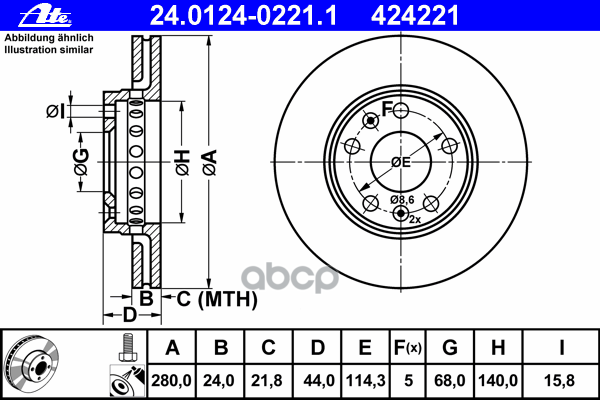Диск тормозной передний RENAULT Duster/Megane III/Fluence /Vent D=280mm ATE 24.0124-0221.1 Ate арт. 24.0124-0221.1