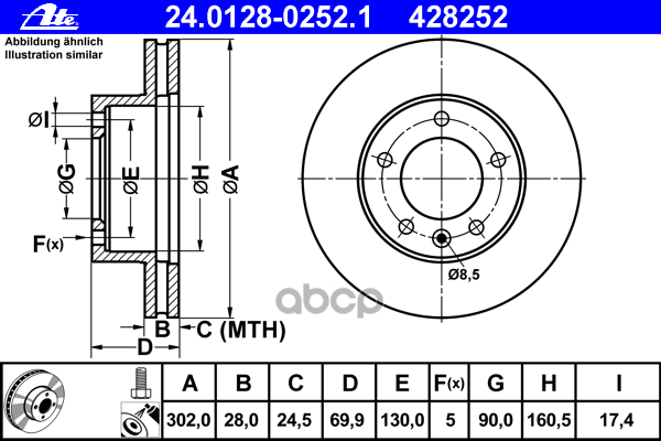 Диск тормозной передний OPEL Movano II/RENAULT Master 2010-> /Vent D=302mm ATE 24.0128-0252.1 Ate арт. 24.0128-0252.1