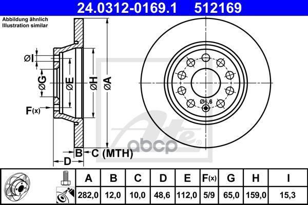 Диск тормозной задний VAG A3/Octavia II/Golf V/Passat B6 /D=282mm ATE 24.0312-0169.1 Ate арт. 24.0312-0169.1