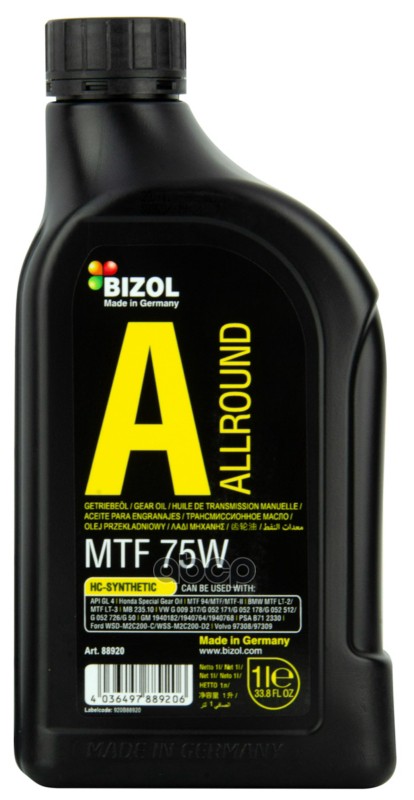 Синтетическое трансмиссионное масло Allround Gear Oil MTF 75W 1л 88920 BIZOL арт. 88920