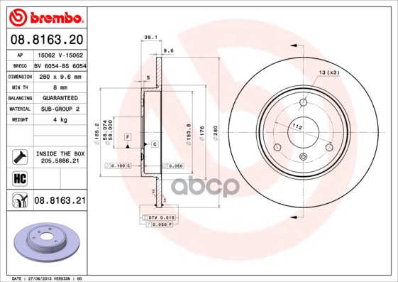 Диск Тормозной Brembo Painted Disc 08.8163.21 Brembo арт. 08816321