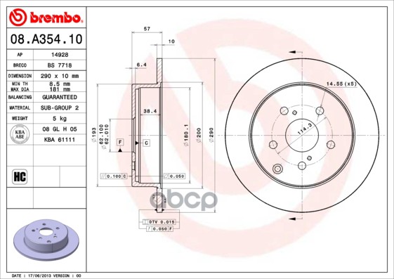 Диск Тормозной Задн Toyota: Corolla Verso 04- Brembo арт. 08.A354.10