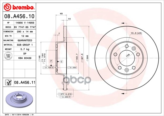 Диск Тормозной Задн. Citroen Jumpy 01/07-> / Citroen Jumpy Box 01/07-> / Citroen Jumpy Platform/Chas Brembo арт. 08.a456.10