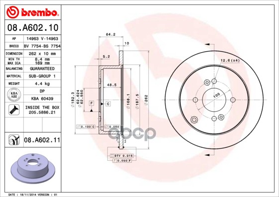 Диск Тормозной Задний Brembo 08.A602.10 Brembo арт. 08.A602.10
