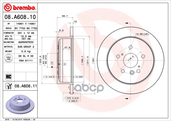 Диск Тормозной Toyota: Avensis Verso 2.0 D-4D/2.0 Vvt-I 01-09, Previa 2.0 D-4D/2.4 00-06 Brembo арт. 08.A608.11