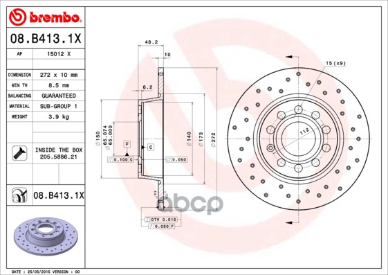 Диск тормозной задн. серии Brembo Xtra AUDI A3 (8P1) 05/03-12/13 / AUDI A3 (8V1  8VK) 04/12-> / AUDI Brembo арт. 08.b413.1x