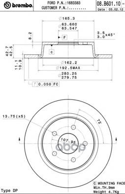 Диск тормозной FORD C-MAX II (DXA/CB7, DXA/CEU) 08.B601.10 Brembo арт. 08.B601.10