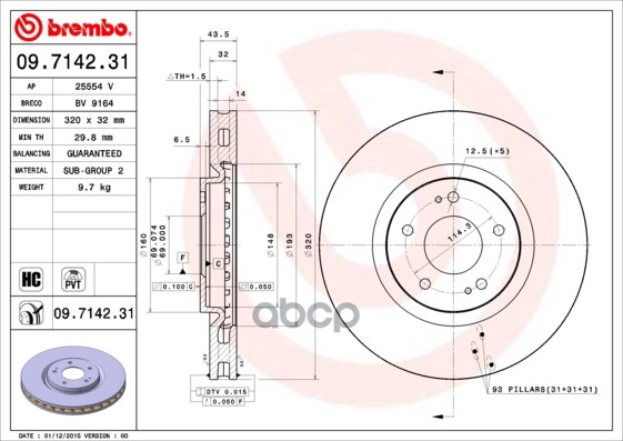 Диск тормозной передн. с УФ покрытием MITSUBISHI LANCER VI (CJ-CP_) 09/95-08/03 / MITSUBISHI LANCER Brembo арт. 09.7142.31