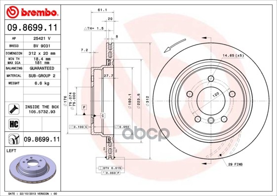Диск Тормозной Uv Coated | Зад Лев | Brembo арт. 09869911