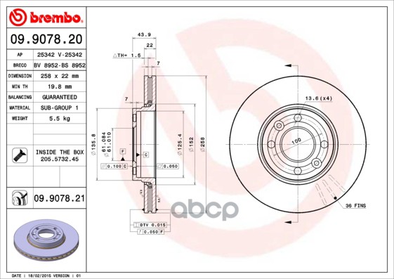 Диск тормозной передний RENAULT Clio IV/Kangoo II/LADA Vesta 2015-> BREMBO 09.9078.20 Brembo арт. 09.9078.20