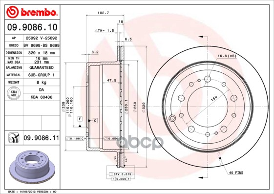 Диск тормозной (Сзади) Toyota Land Cruiser (J100) 98-07 / Lexus LX 98-07 Brembo арт. 09.9086.10