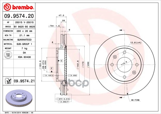 Диск Тормозной Передний Вентилируемый 280Мм Brembo арт. 09957420