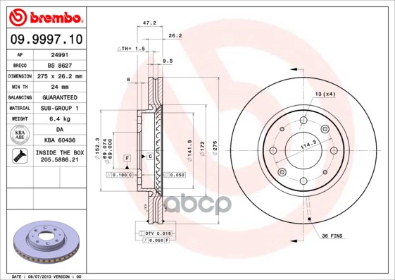 Диск Тормозной Передн Kia: Cerato 04-, Cerato Седан 04- Brembo арт. 09.9997.10