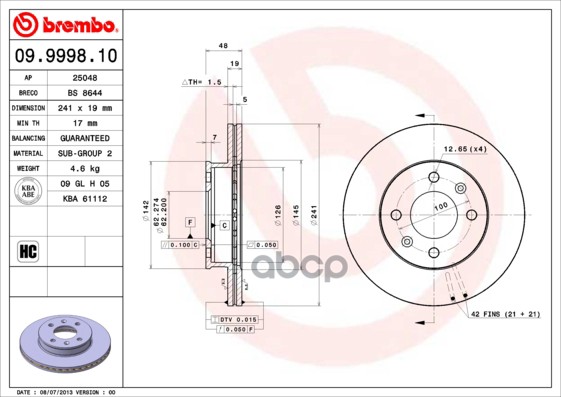 Диск Тормозной Пер Вент Getz 11I16i 02 Brembo арт. 09999810