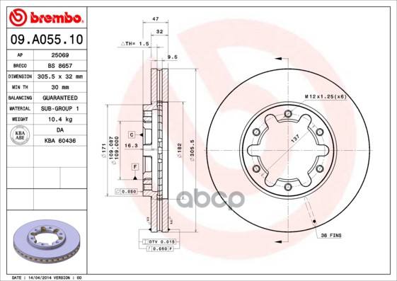 Диск Тормозной Передн. Nissan Patrol Gr V Wagon (Y61) 06/97-> Brembo арт. 09.a055.10