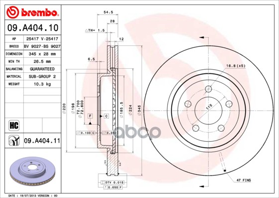 Диск Тормозной Передн, Chrysler 300C 04-,10-/ Lancia Thema 11- Brembo арт. 09.A404.11