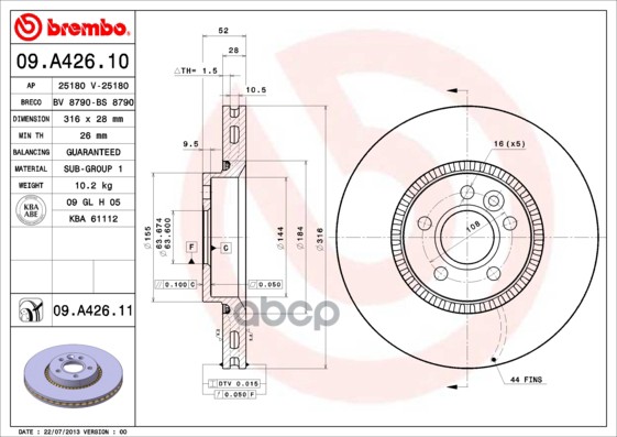 Диск тормозной Brembo Painted Disc 09.A426.11 Brembo арт. 09.A426.11