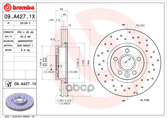 Диск тормозной передний вентилируемый Xtra 300мм Brembo арт. 09A4271X