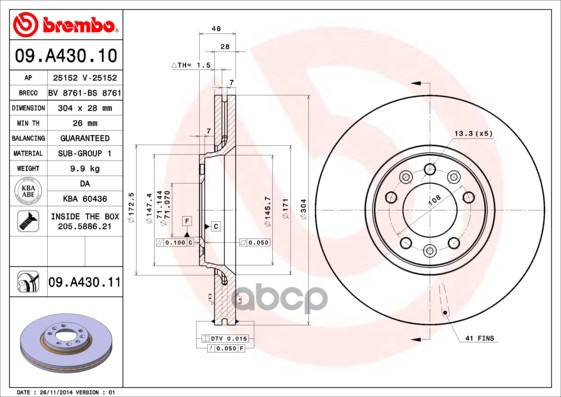 Диск Тормозной Передний Psa C5 Iii/Jumpy/407/Expert+Fiat Scudo /Vent D=304 Brembo 09.A430.10 Brembo арт. 09.A430.10