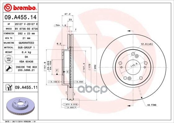 Диск тормозной передний вентилируемый 282мм Brembo арт. 09A45511