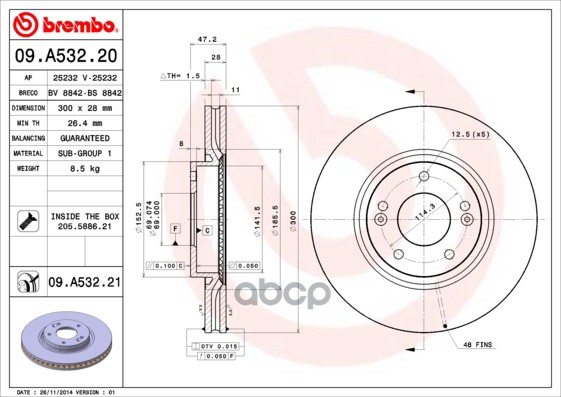 Диск тормозной передн. HYUNDAI i30 (FD) 10/07-05/12 / HYUNDAI i30 (GD) 06/11-> / HYUNDAI i30 Coupe 0 Brembo арт. 09.a532.20