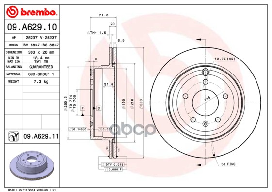 Диск тормозной задний CHEVROLET Captiva BREMBO 09.A629.10 Brembo арт. 09.A629.10