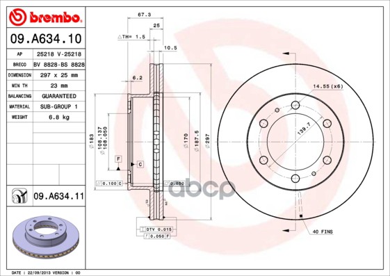 Диск Тормозной Передний Вентилируемый 297Мм Brembo арт. 09A63411