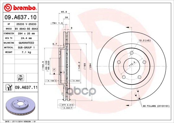 Диск Тормозной Пер Вент Mitsubishi Mitsubishi Asx Outlander L200 06-Jeep Patriot Compass Brembo арт. 09A63711