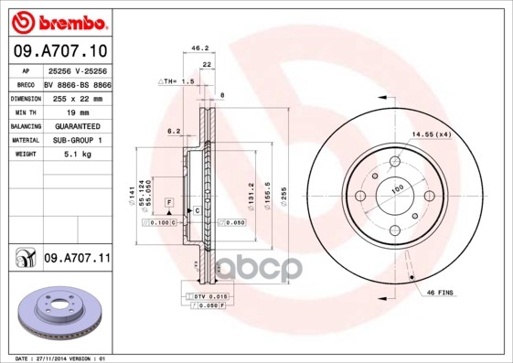 Диск Тормозной Передн, Toyota Yaris Brembo арт. 09.A707.11