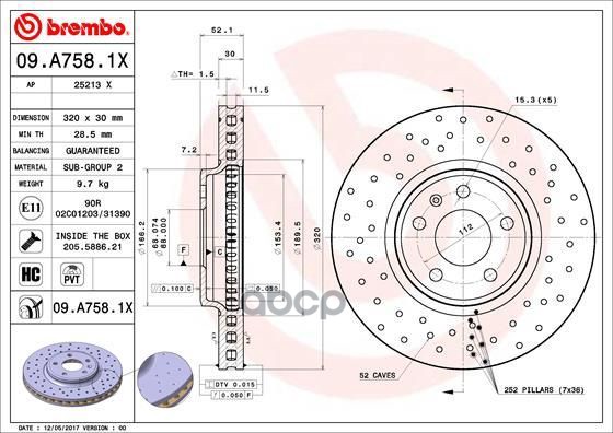 Диск тормозной передн. серии Brembo Xtra AUDI A4 (8K2  B8) 08/07-12/15 / AUDI A4 Allroad (8KH  B8) 0 Brembo арт. 09.a758.1x