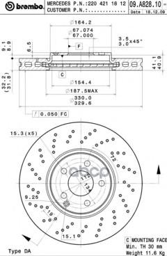 Диск тормозной передний вентилируемый 330мм Brembo арт. 09A82811