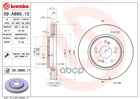Диск тормозной передний вентилируемый 293мм Brembo арт. 09A86610