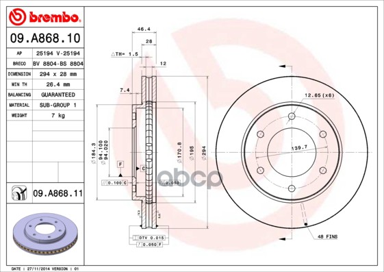 Диск тормозной (Спереди) Mitsubishi L200 05- / Pajero 06-11 / Pajero Sport 08-21 / Challenger 96-01 Brembo арт. 09.A868.10